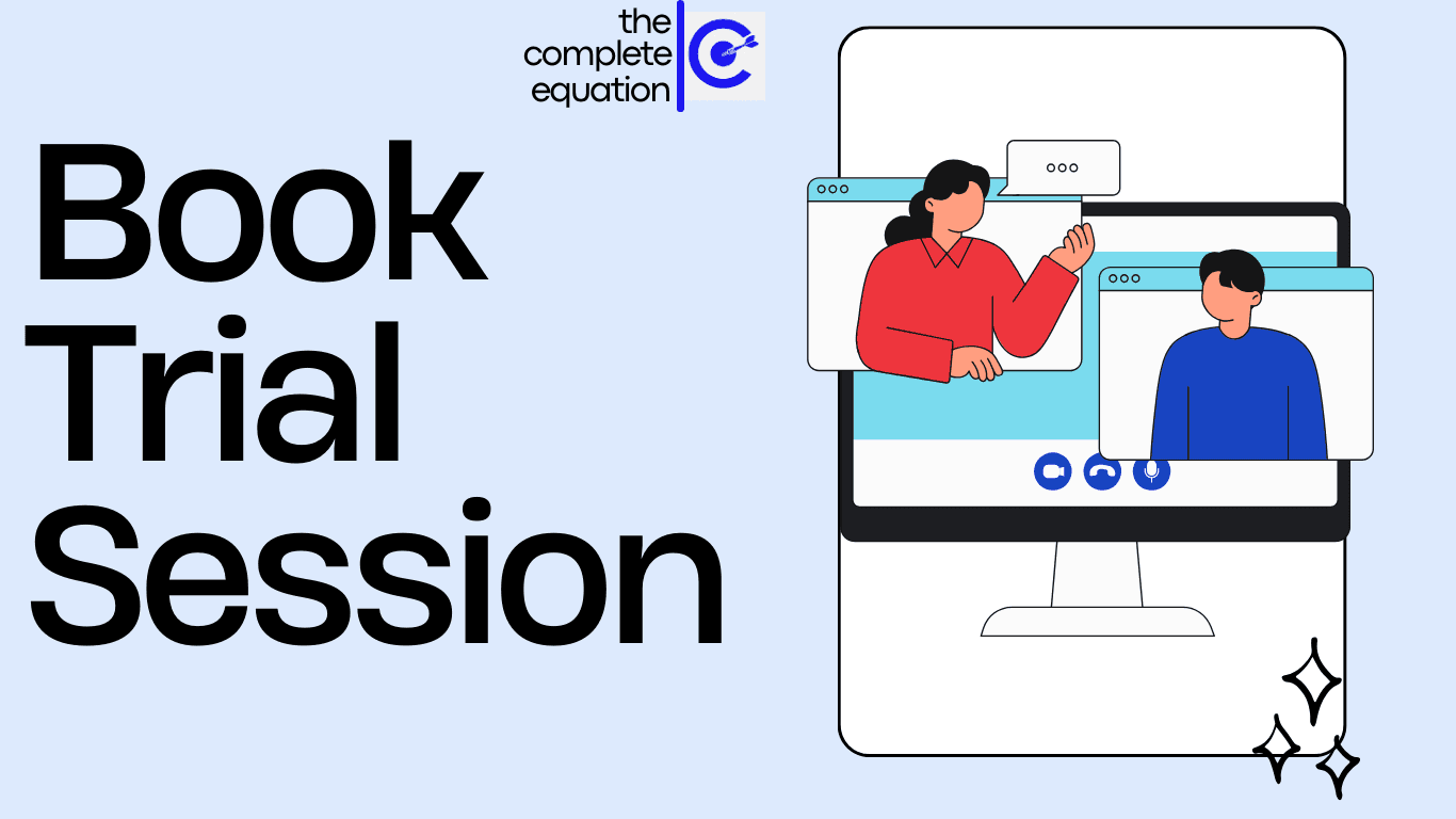 Illustration of a tutor and student meeting over a video call, captioned Book Trial Session