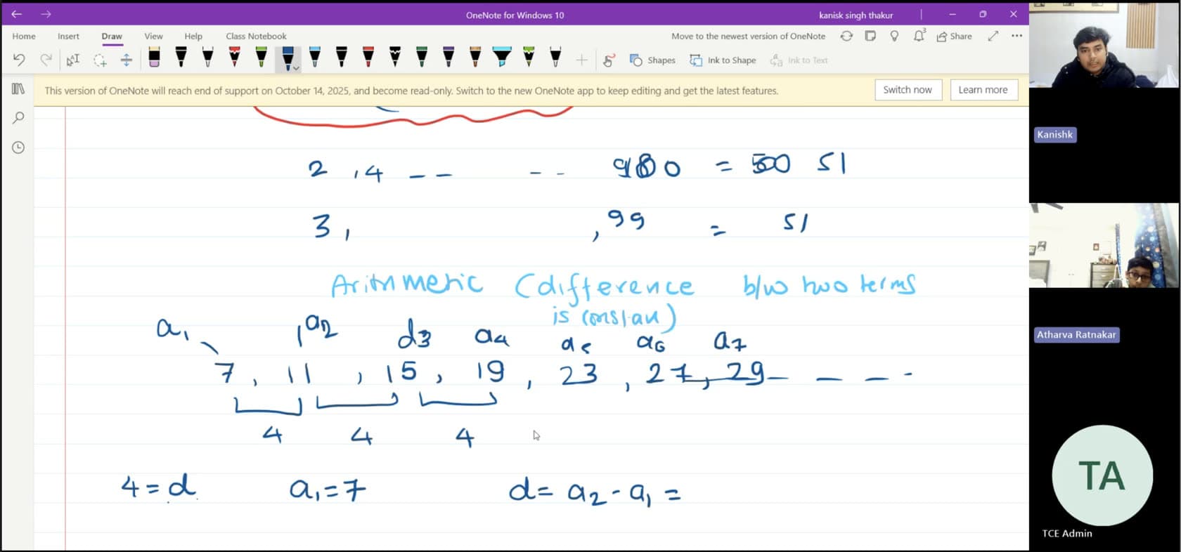 OneNote whiteboard showing an arithmetic sequence and its common difference, with tutor and student on video
