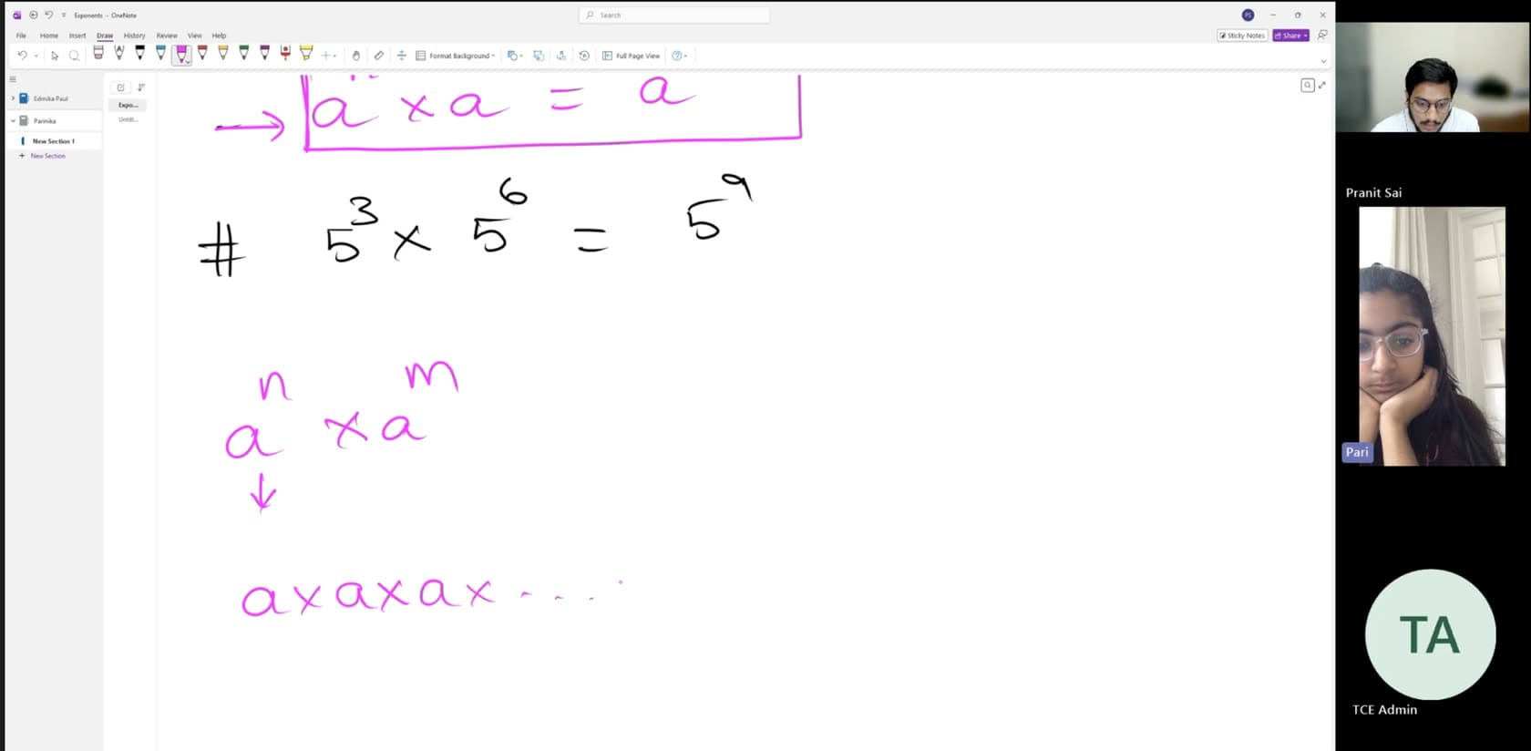 Whiteboard building up the exponent product rule from repeated multiplication, with tutor and student on video