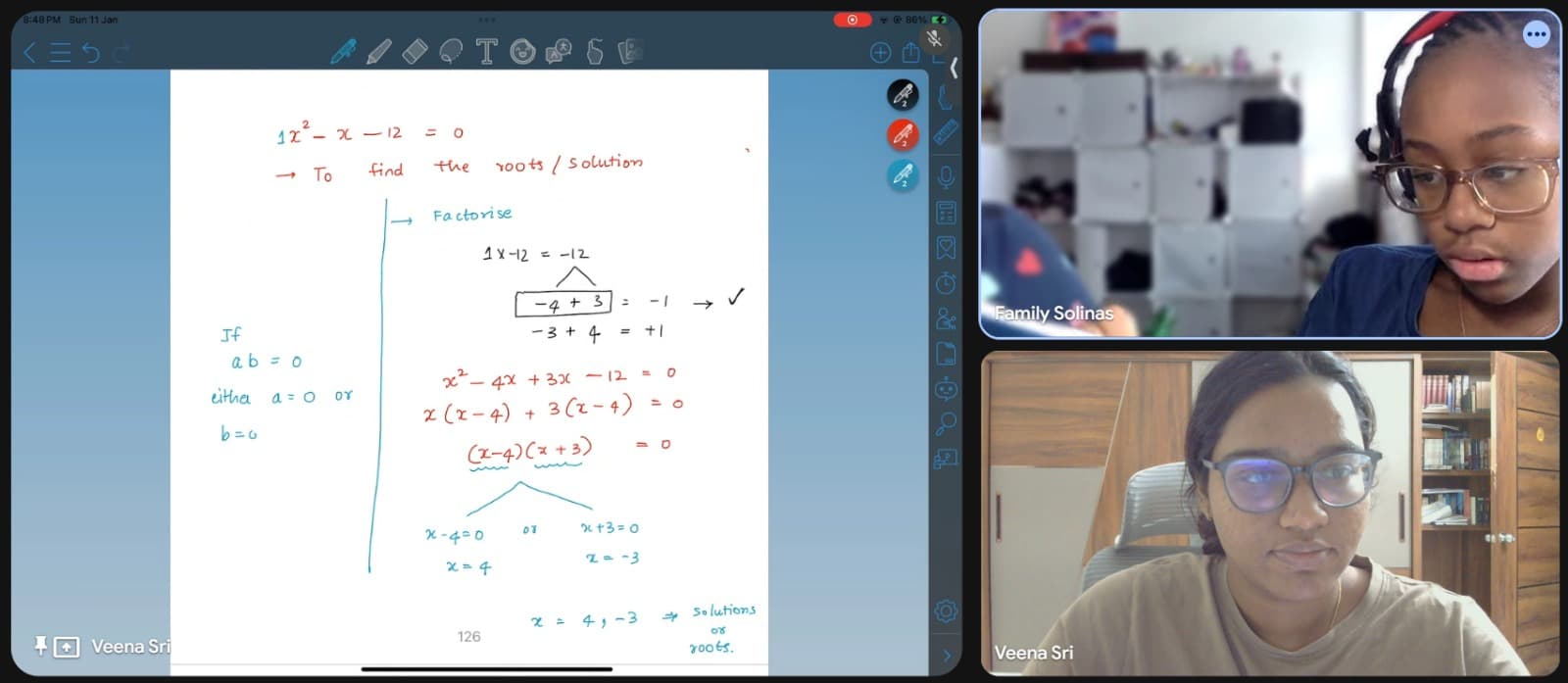 Lesson whiteboard showing a quadratic being factorised step by step, with tutor and student on video