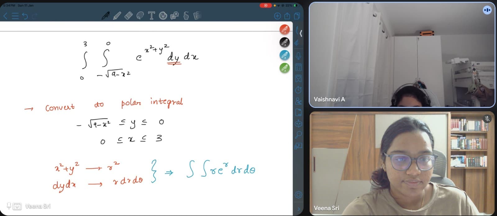 Whiteboard converting a double integral to polar coordinates, with tutor and student on video